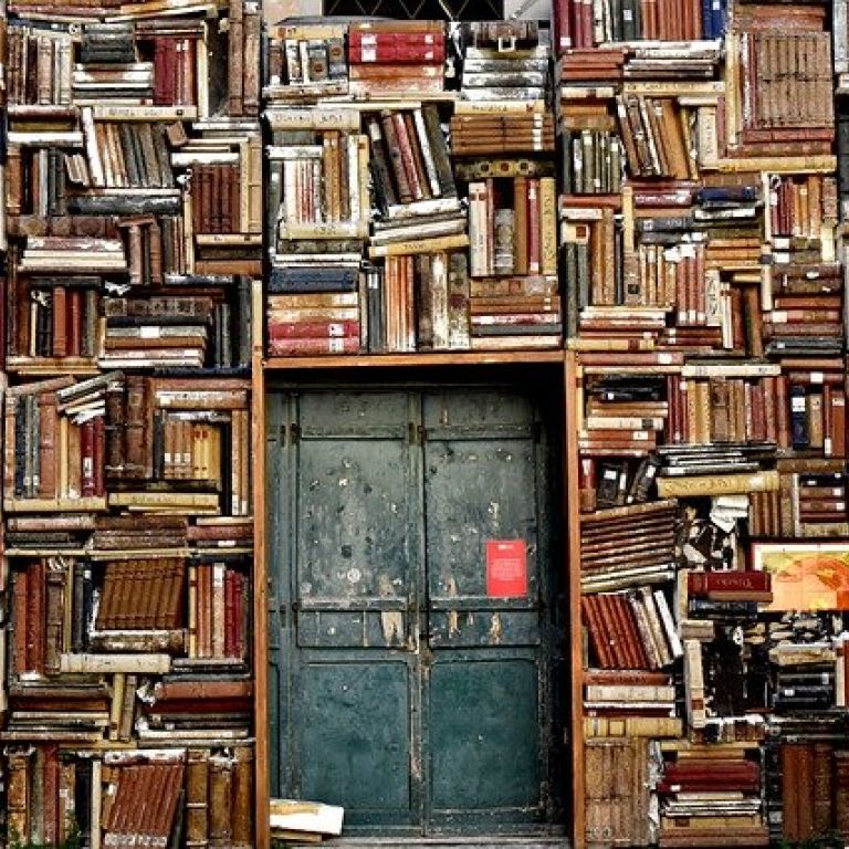 La celeberrima libreria nella facciata di Palazzo Mosca, sede dei Musei Civici di Pesaro