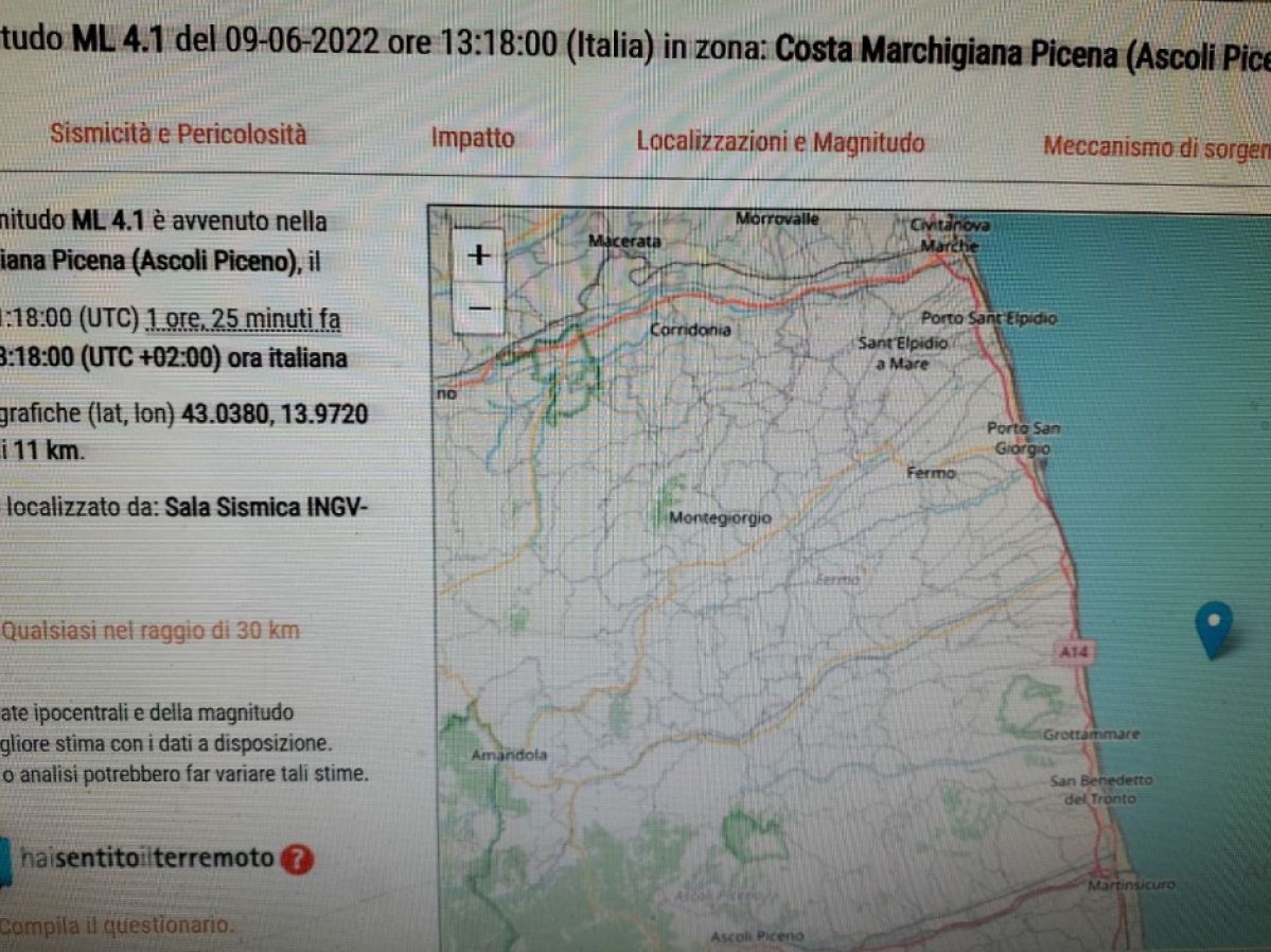 La localizzazione indicata sul sito dell'Ingv